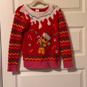 Girl's Festive Red and Pink Sweater with Gingerbread Design
